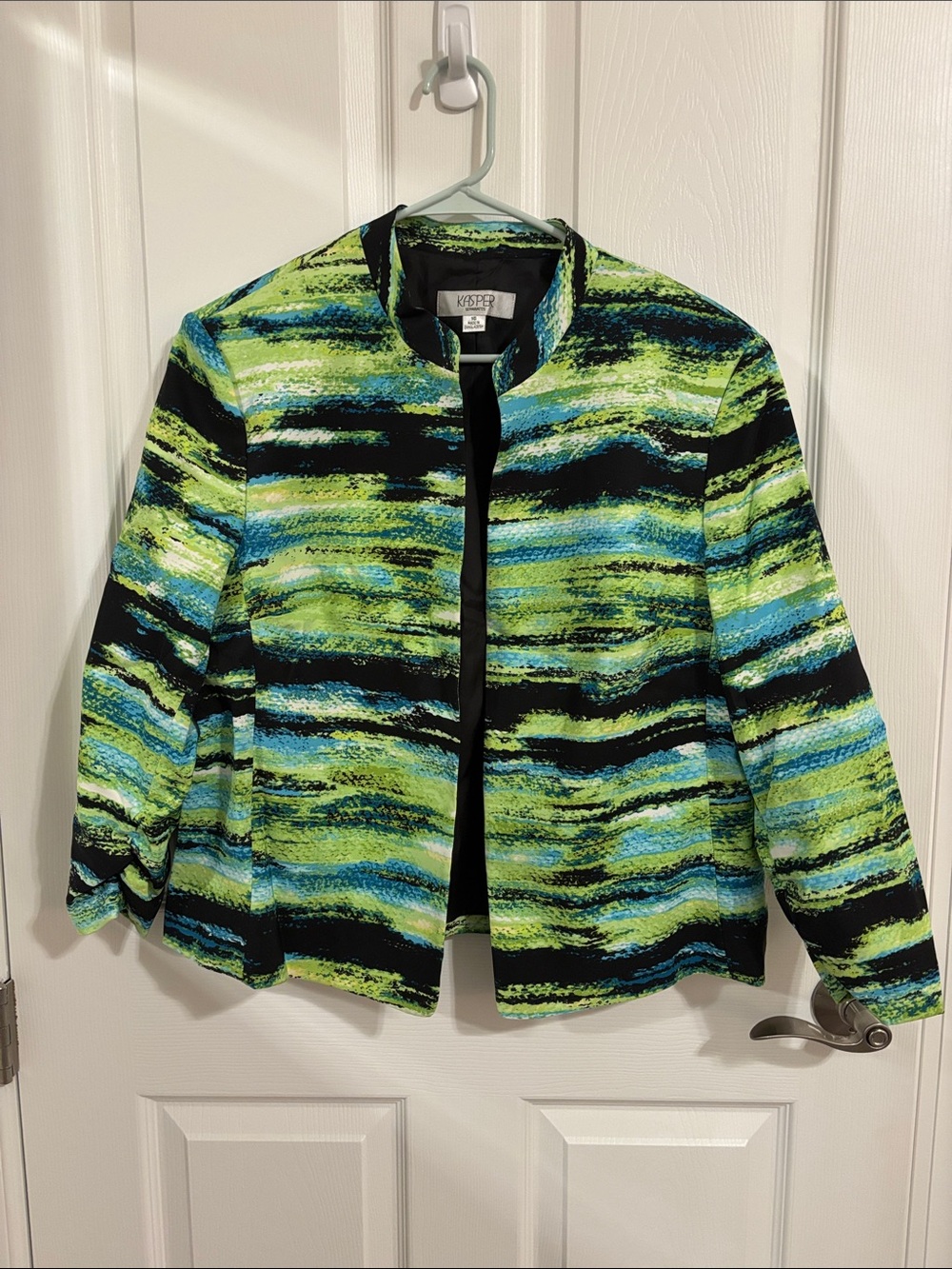 Kasper Striped Open-Front Jacket in Green, Blue & Black